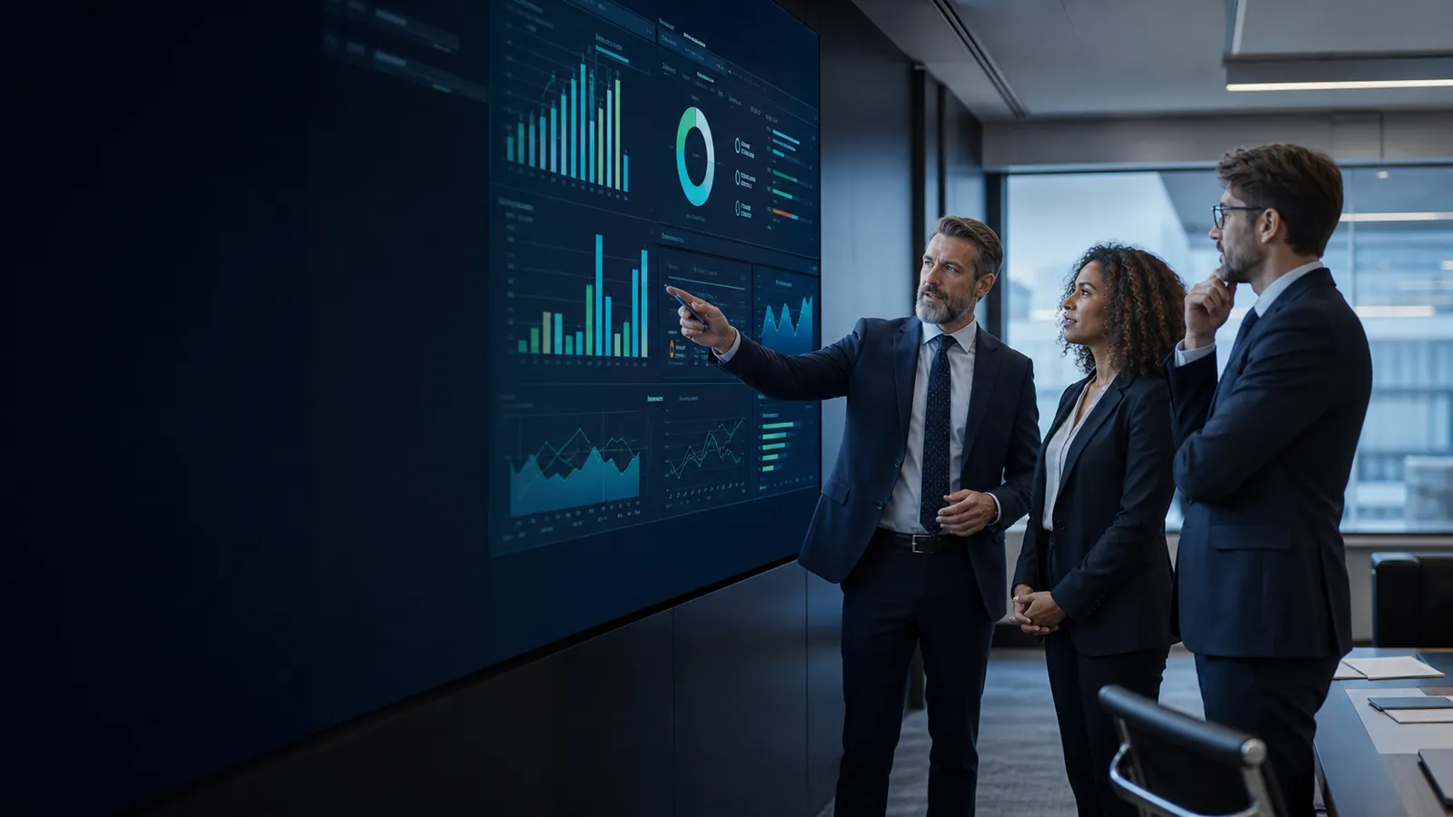 Business leaders reviewing technology performance analytics.