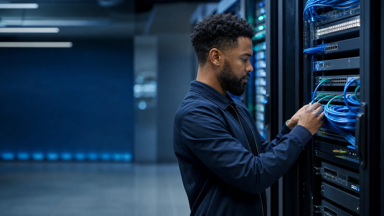 Network engineer maintaining secure business infrastructure.