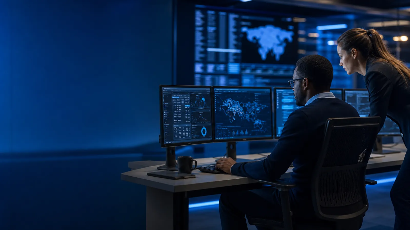 Business security operations team monitoring cyber threats.