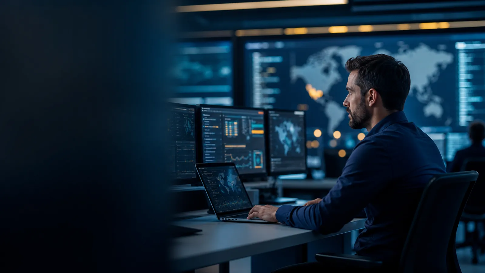 Security analyst monitoring protected business endpoints.