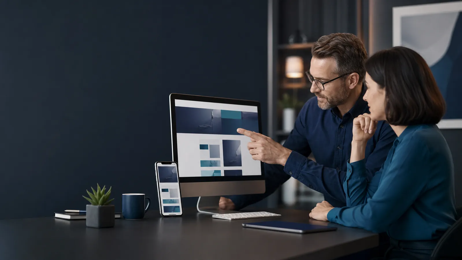 Web professionals reviewing a responsive business website.