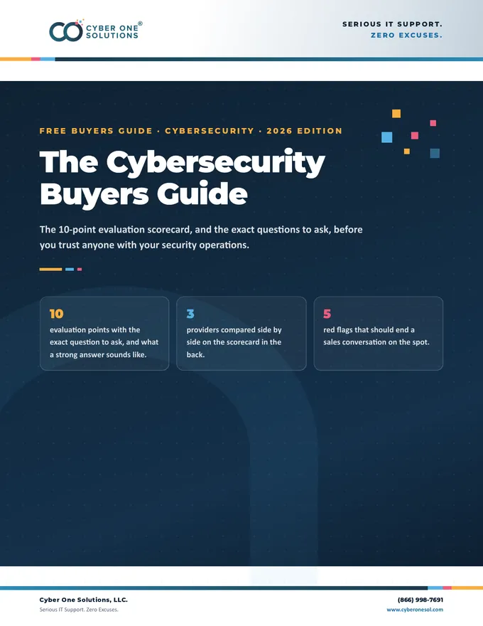 Cover of the Cybersecurity Buyers Guide, the first page of the downloadable PDF.