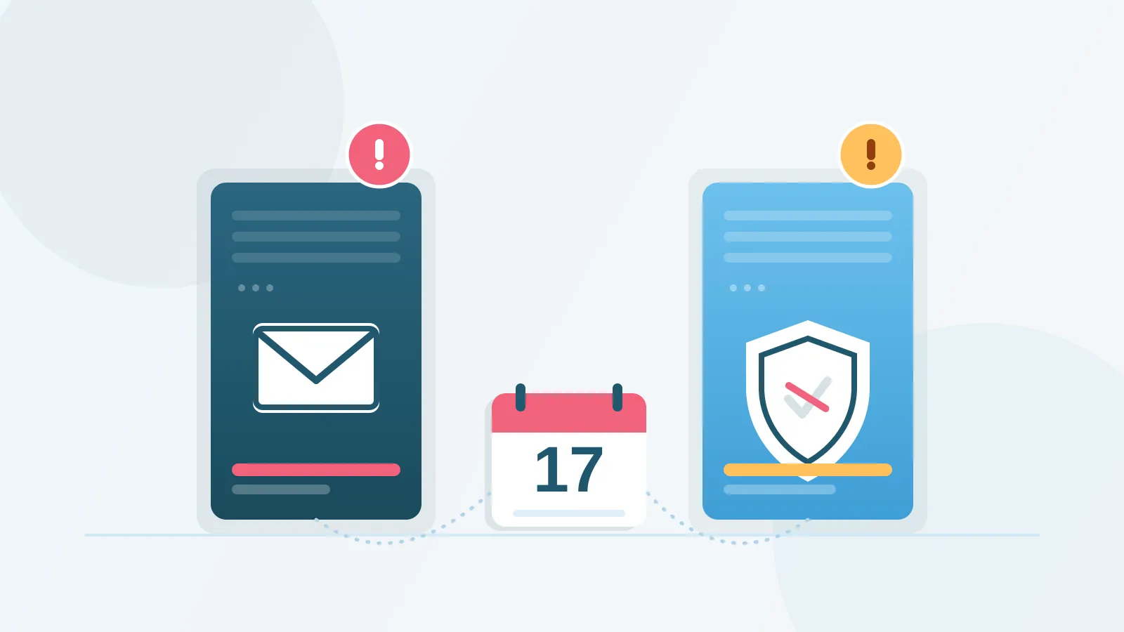 Illustration of a mail gateway appliance with a red alert badge and a firewall appliance with an amber alert badge, beside a calendar showing the 17th circled, representing two exploited network security flaws with an October 17 patch deadline.