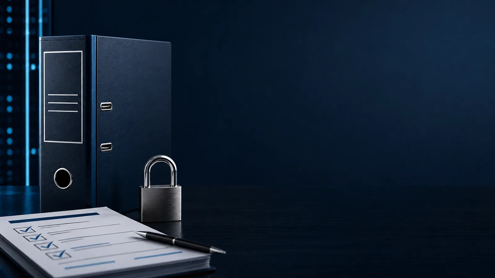 A written information security program binder secured with a padlock.