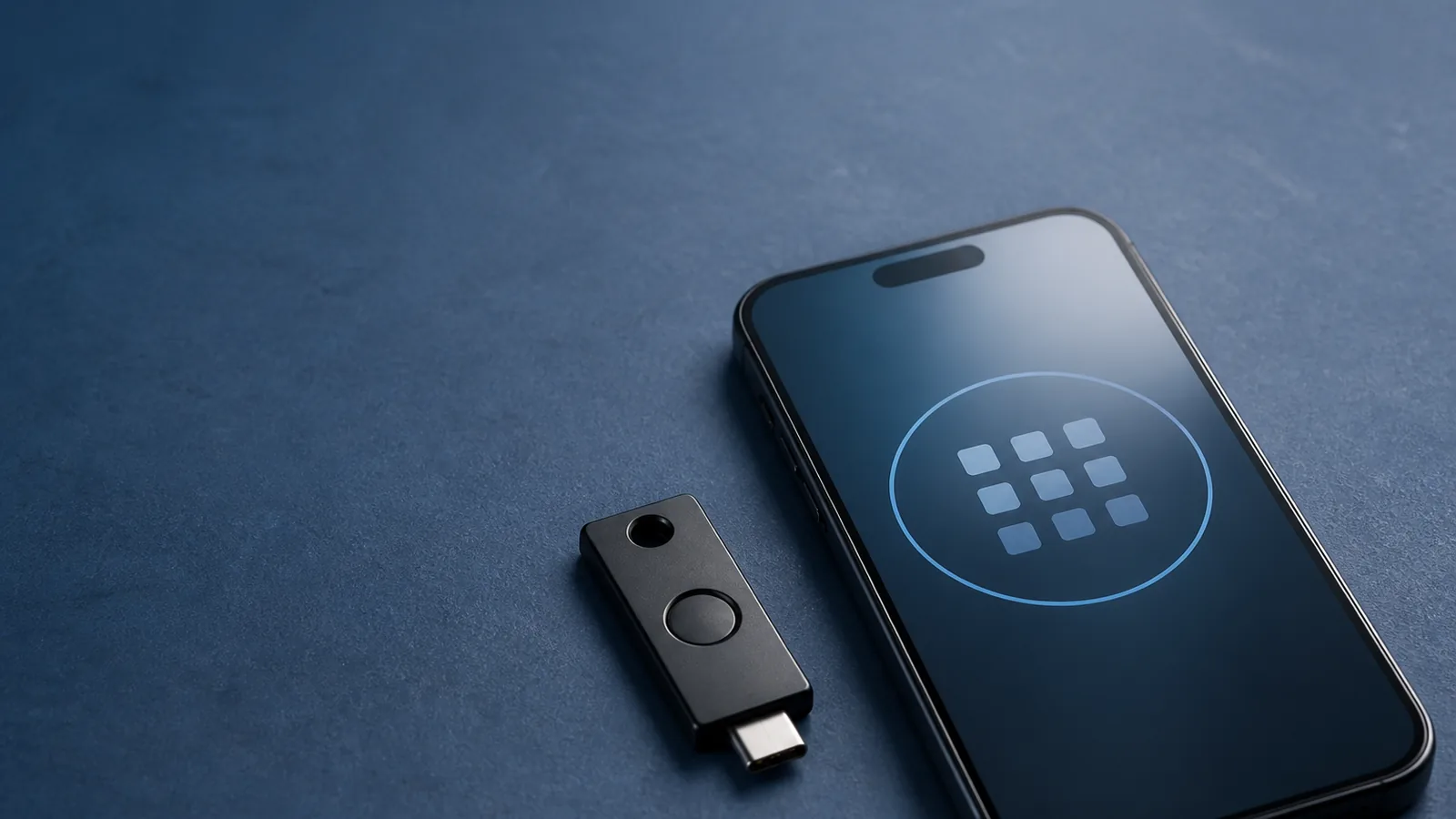 A hardware security key beside a phone prompting for number-matched approval.