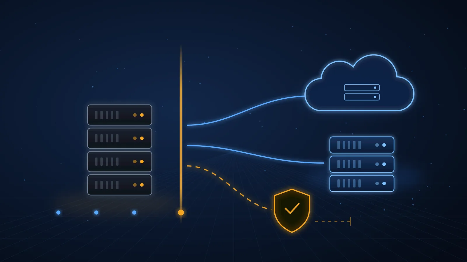 Illustration of an aging server at a support cutoff line, with paths leading to a cloud, a newer server, and a short shielded bridge.