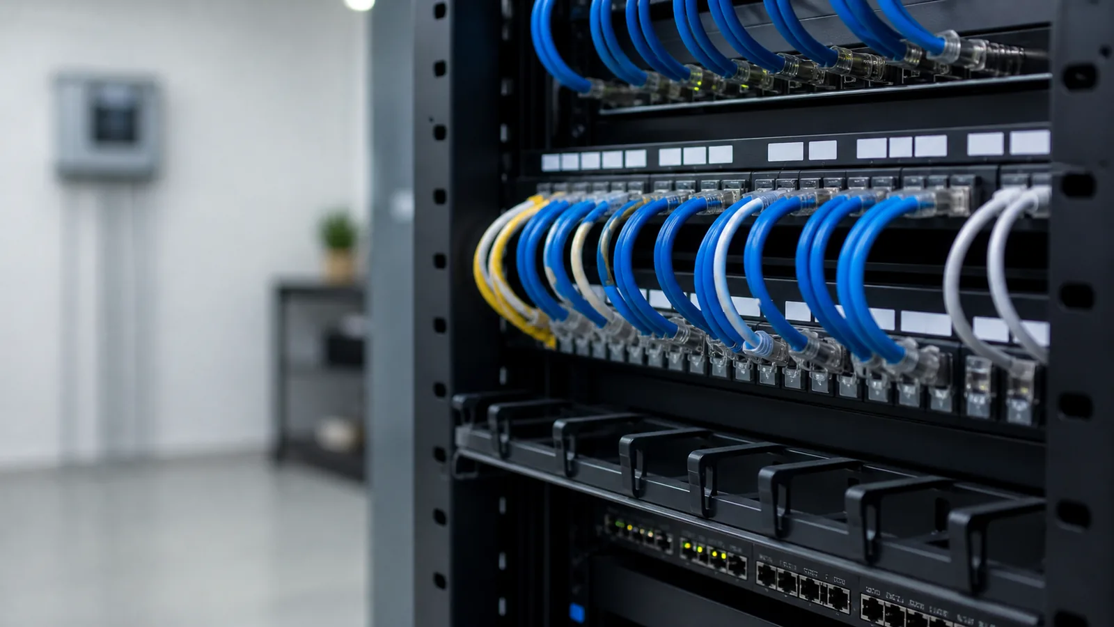 A neatly managed network patch panel in a business communications room, representing an on-premises phone system connected to the internal network.
