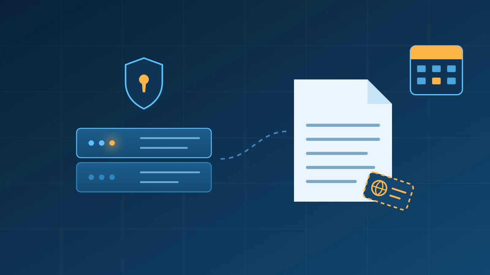 Illustration of a network appliance under a keyhole shield, a document losing its internet-origin tag, and a calendar with one day highlighted, representing two exploited flaws with a patch deadline.