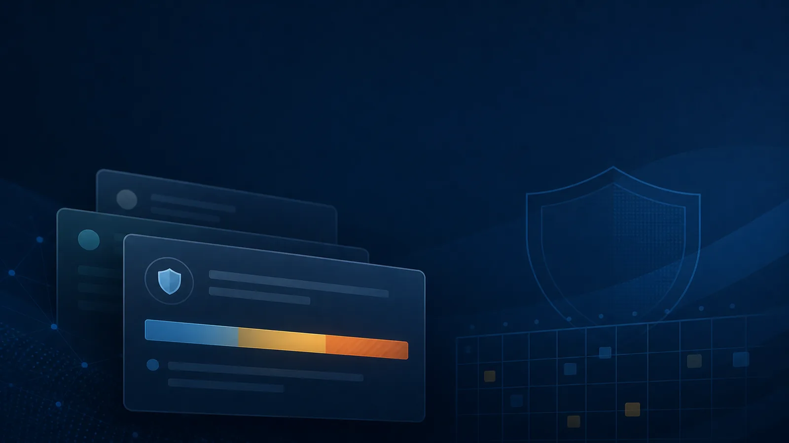 Abstract cybersecurity shield with network status and security monitoring indicators.