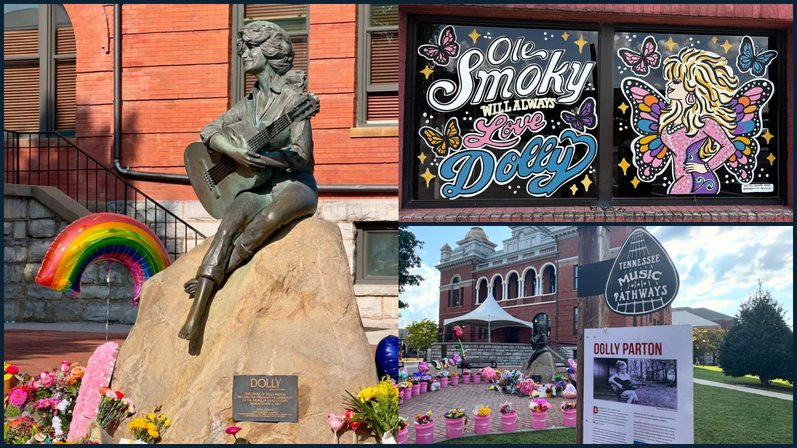 A three-photo memorial montage from downtown Sevierville showing the Dolly Parton statue surrounded by flowers, an Ole Smoky storefront tribute, and the Sevier County Courthouse.