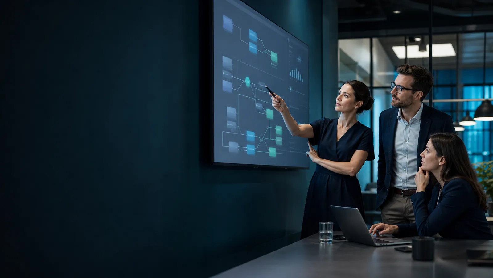 Business team reviewing artificial intelligence governance and automation workflows.
