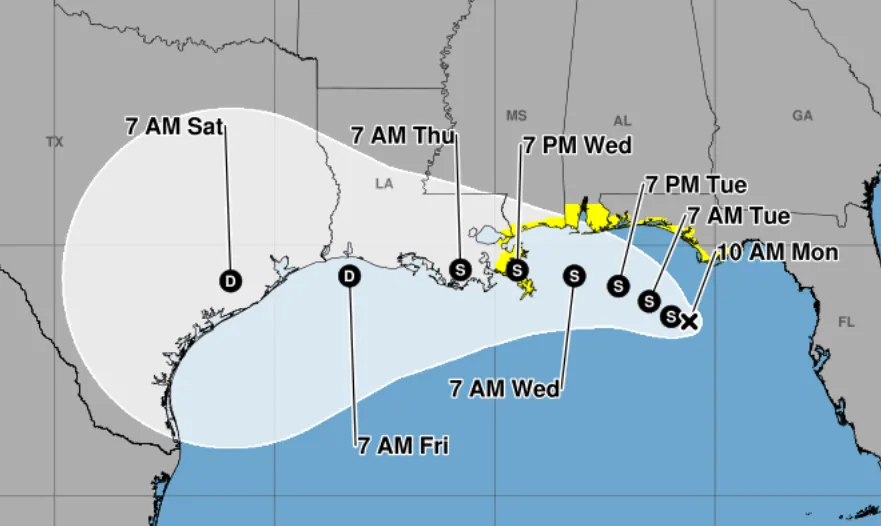 Forecast cone for Tropical Depression Two across the Gulf of Mexico toward the Texas coast.