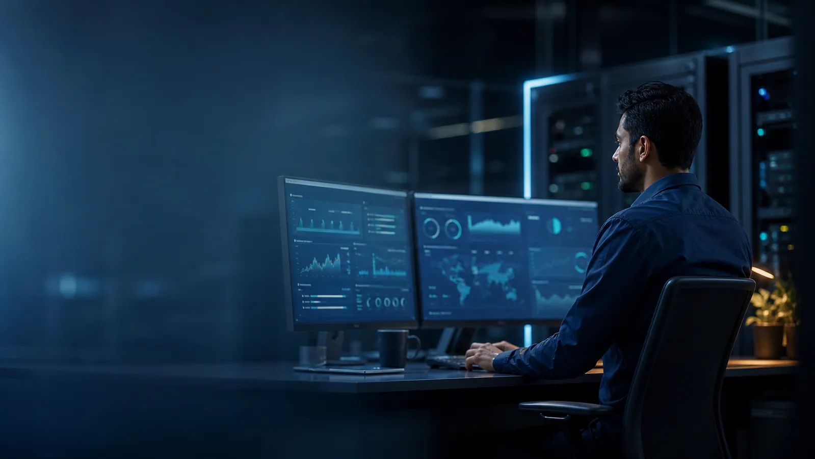IT professional monitoring business recovery systems after a ransomware risk review.
